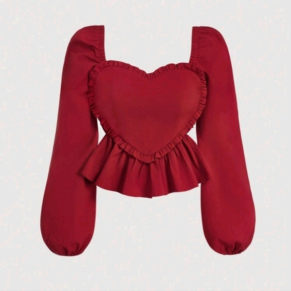 Sweetheart Neck Lantern Sleeve Front Center Ruffle Hem Red Blouse,Valentine's - Picture 1 of 4